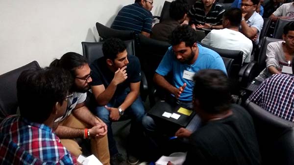 A team brainstorming on their game pitch